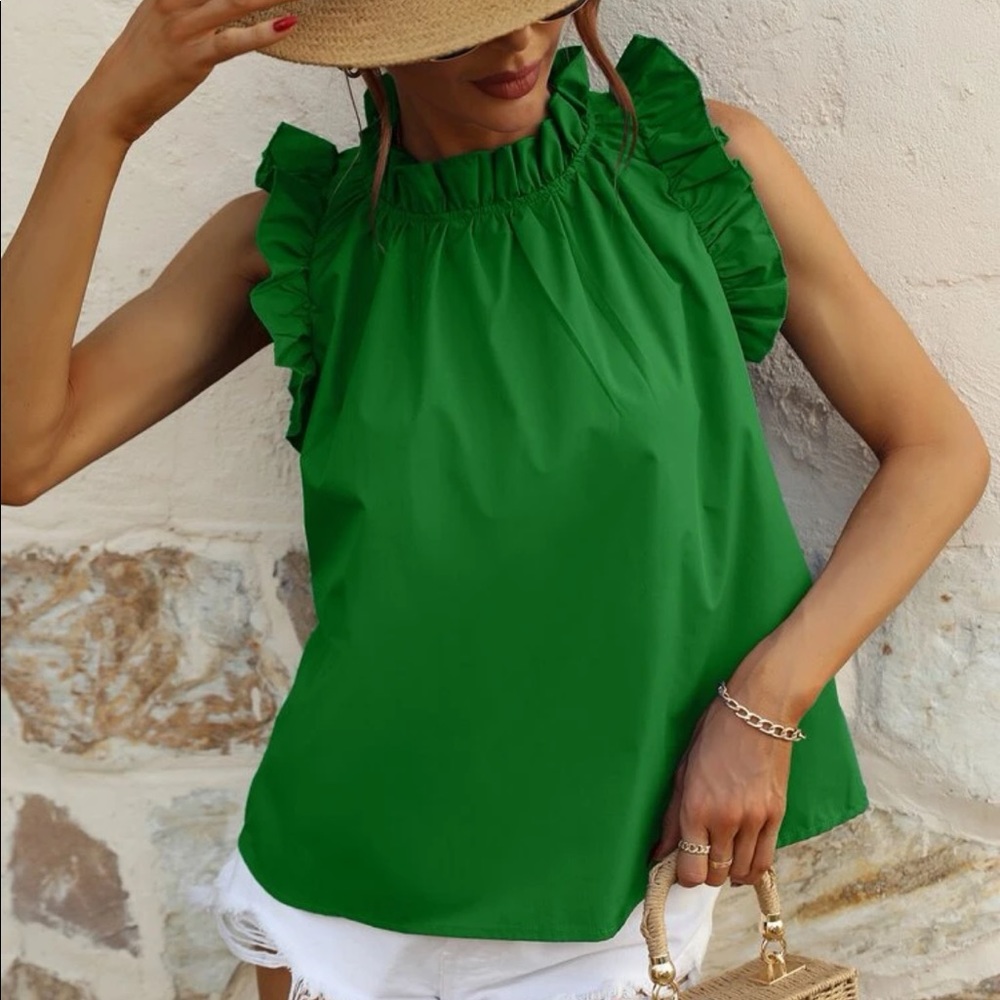 Classic Ruffle Cap Sleeve Mock Neck Top Blouse Work Office Boho Green - Picture 6 of 6